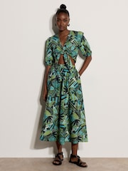 Apricot Blue Tropical Leaf Patchwork Tie Front Top - Image 1 of 5