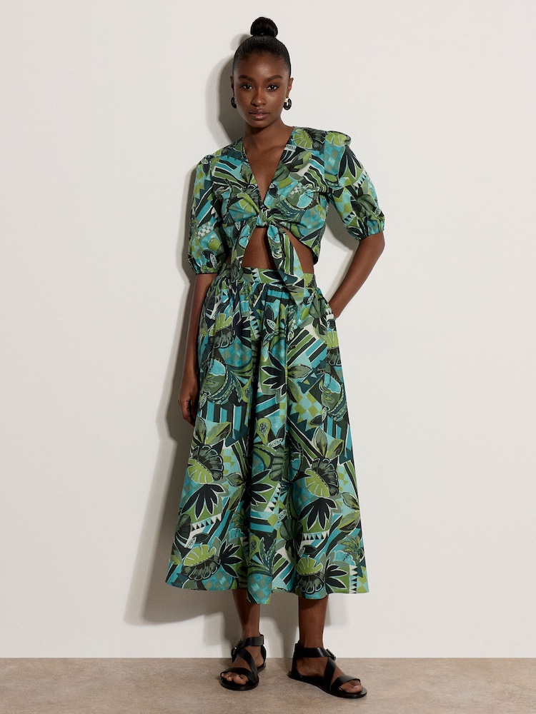 Apricot Blue Tropical Leaf Patchwork Tie Front Top - Image 1 of 5