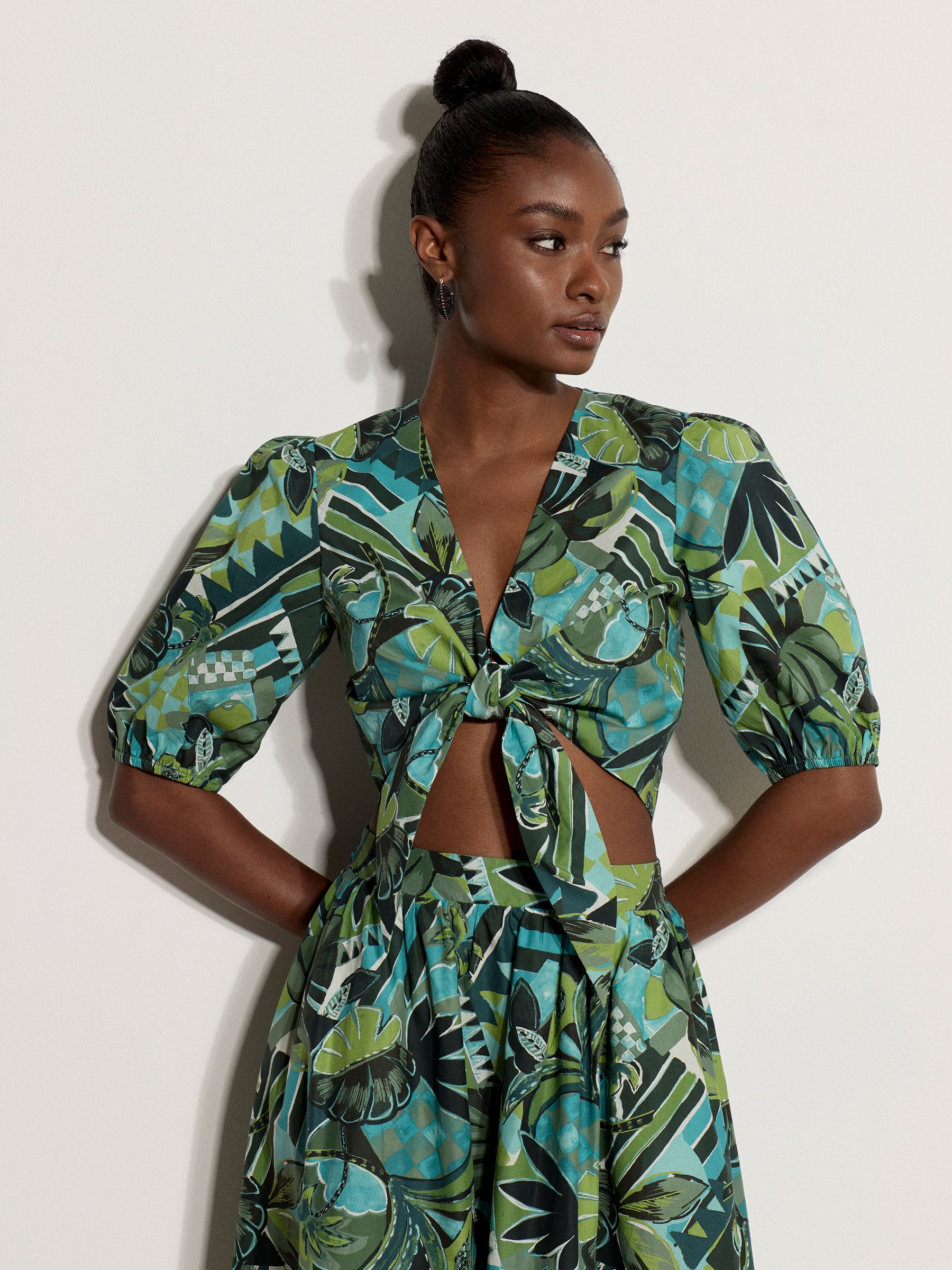 Buy Apricot Blue Tropical Leaf Patchwork Tie Front Top from Next