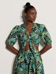 Apricot Blue Tropical Leaf Patchwork Tie Front Top - Image 3 of 5