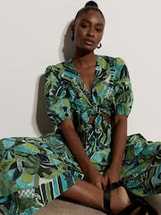 Apricot Blue Tropical Leaf Patchwork Tie Front Top - Image 5 of 5