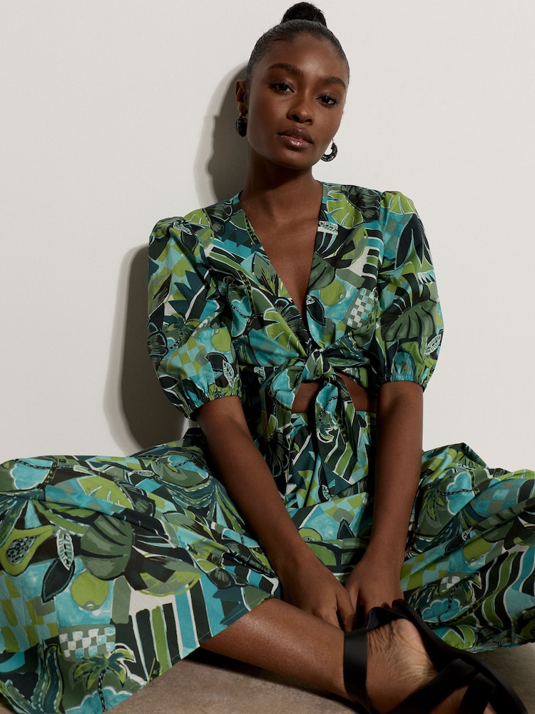 Apricot Blue Tropical Leaf Patchwork Tie Front Top - Image 5 of 5