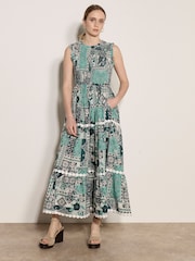 Apricot Blue Patchwork Scarf Smocked Maxi Dress - Image 1 of 4