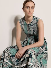 Apricot Blue Patchwork Scarf Smocked Maxi Dress - Image 4 of 4