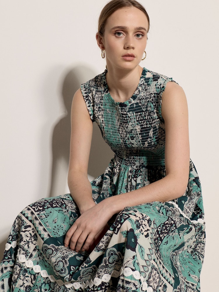 Apricot Blue Patchwork Scarf Smocked Maxi Dress - Image 4 of 4
