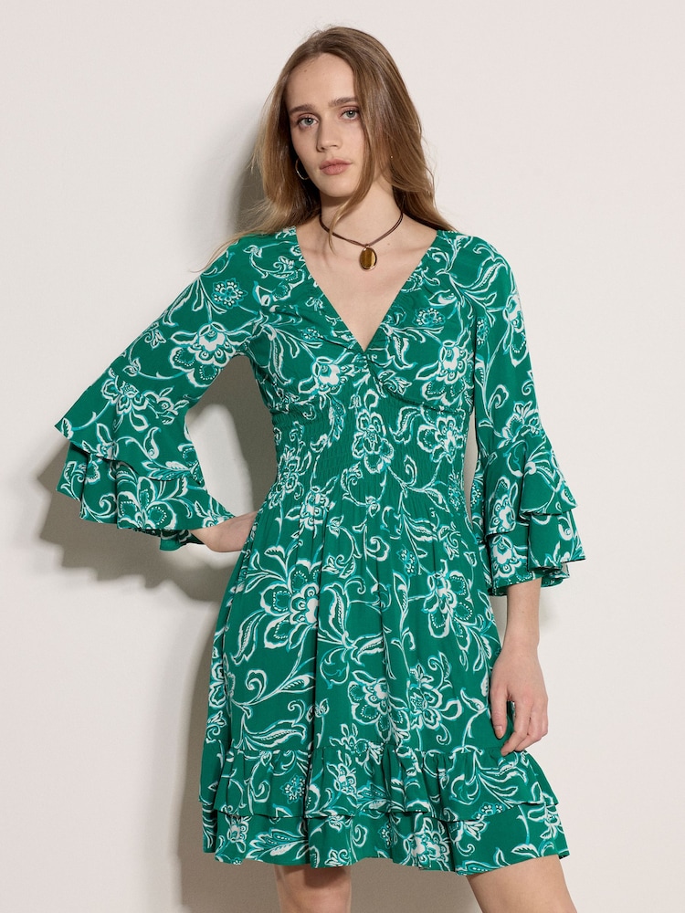 Apricot Green Floral Smocked Ruffle Mini Dress - Image 1 of 4