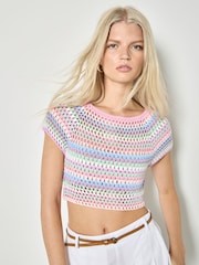 Apricot Pink Hand-Crocheted Stripes Crop Top - Image 3 of 4