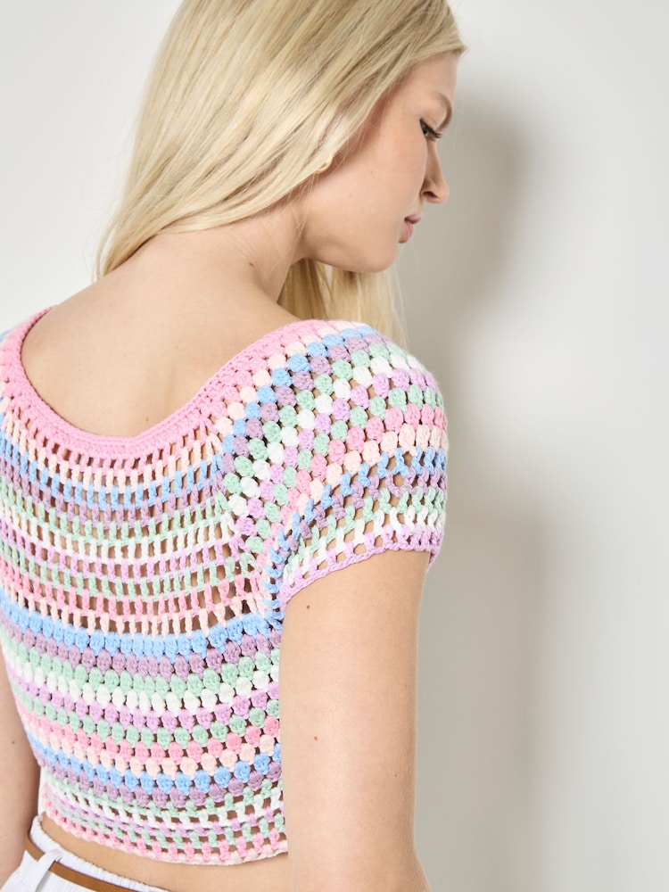 Apricot Pink Hand-Crocheted Stripes Crop Top - Image 4 of 4 Apricot Pink Hand-Crocheted Stripes Crop Top - Image 4 of 4