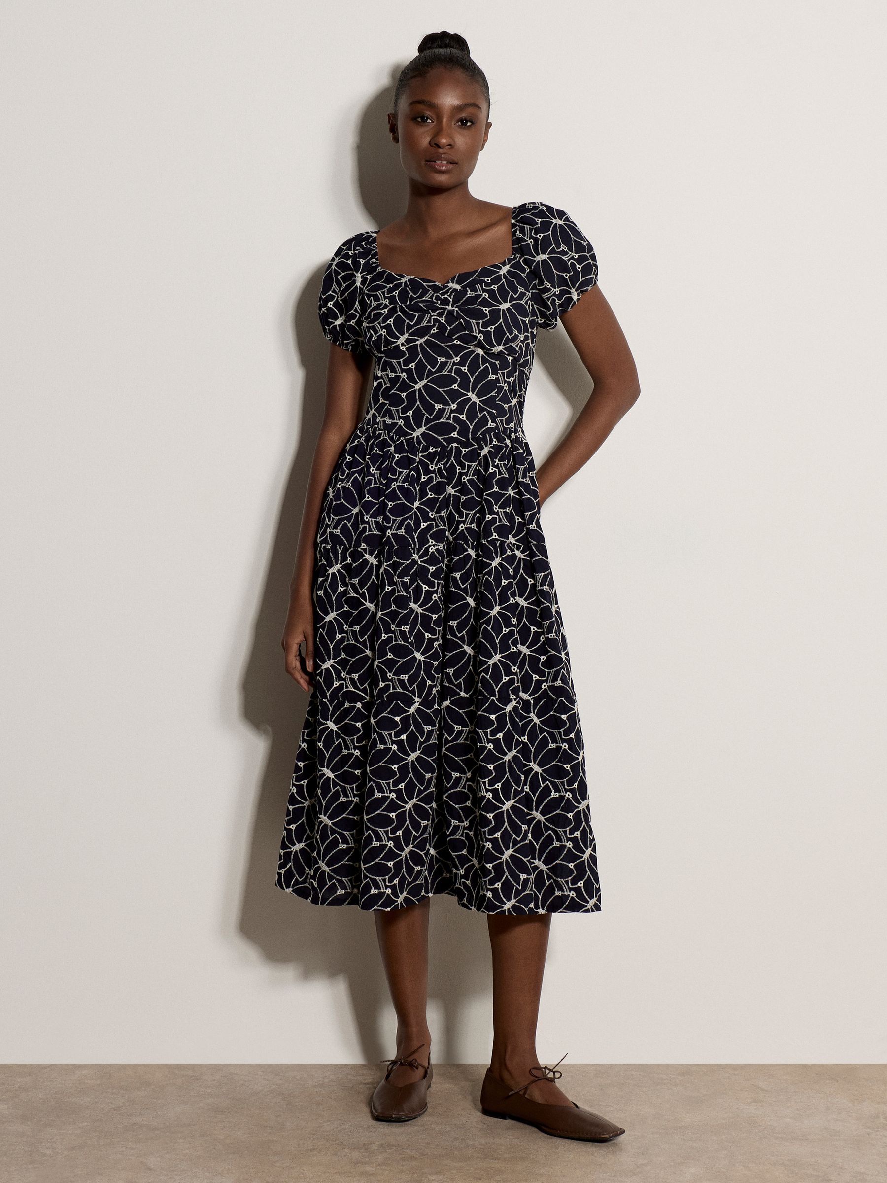 Buy Apricot Blue Floral Embroidered Tiered Midi Dress from the