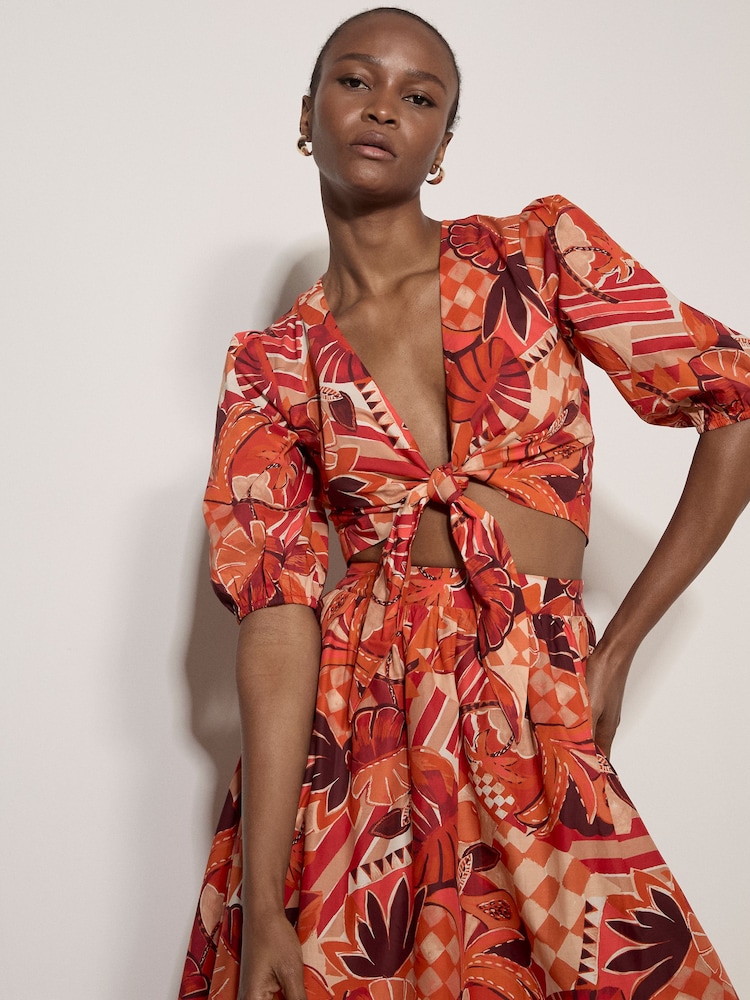 Apricot Red Tropical Leaf Patchwork Tie Front Top - Image 1 of 5 Apricot Red Tropical Leaf Patchwork Tie Front Top - Image 1 of 5