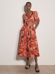 Apricot Red Tropical Leaf Patchwork Tie Front Top - Image 3 of 5
