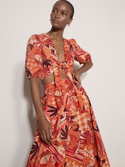 Apricot Red Tropical Leaf Patchwork Tie Front Top - Image 4 of 5