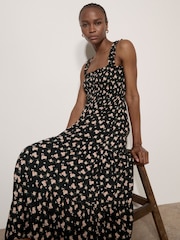 Apricot Charcoal Black Ditsy Floral Smocked Midi Dress - Image 1 of 5