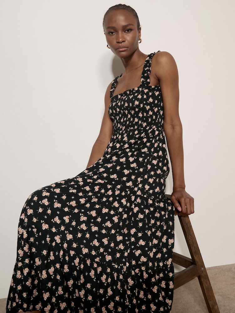 Apricot Charcoal Black Ditsy Floral Smocked Midi Dress - Image 1 of 5