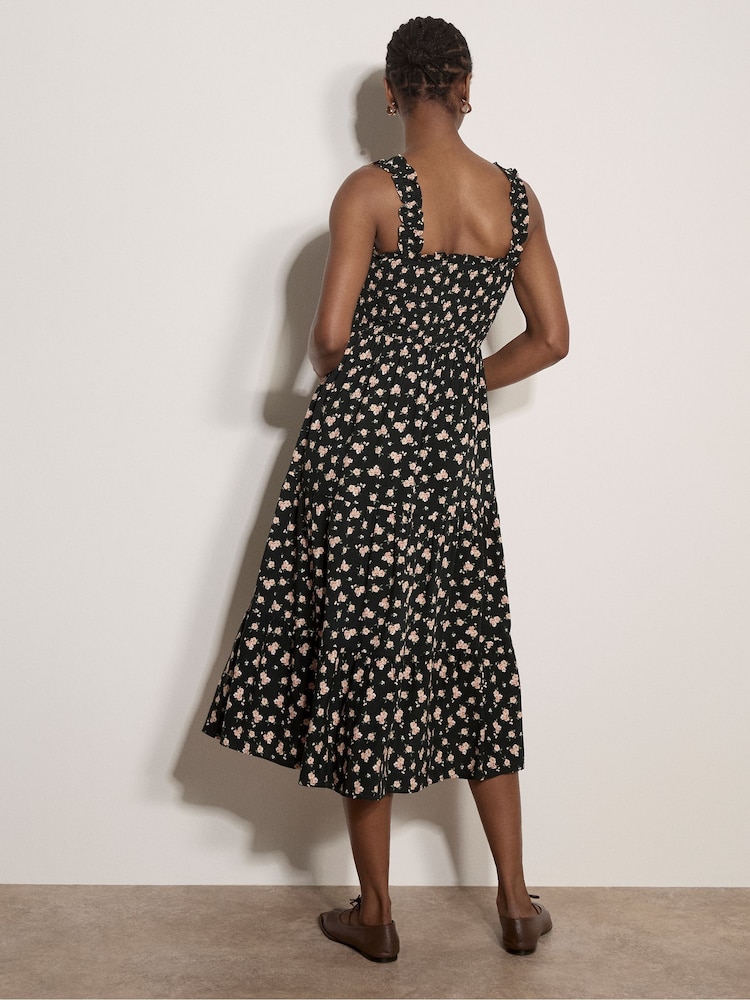 Apricot Charcoal Black Ditsy Floral Smocked Midi Dress - Image 2 of 5