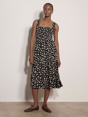 Apricot Charcoal Black Ditsy Floral Smocked Midi Dress - Image 3 of 5