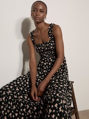 Apricot Charcoal Black Ditsy Floral Smocked Midi Dress - Image 4 of 5