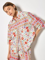 Apricot Orange Floral Scarf Print Satin Shirt - Image 1 of 5
