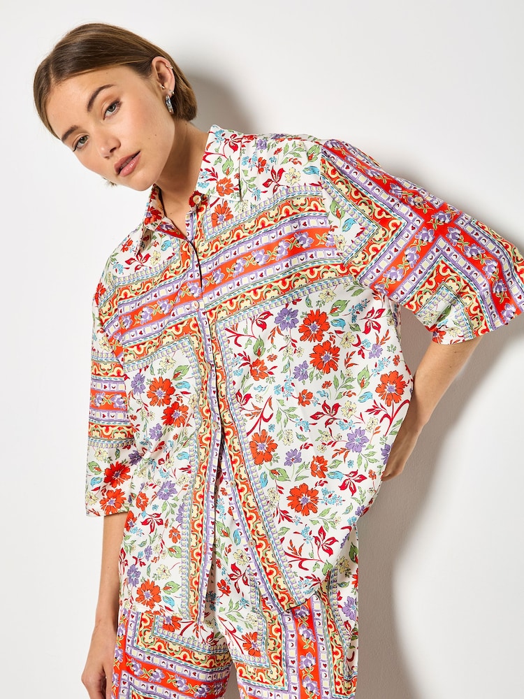 Apricot Orange Floral Scarf Print Satin Shirt - Image 1 of 5