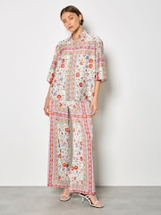 Apricot Orange Floral Scarf Print Satin Shirt - Image 2 of 5