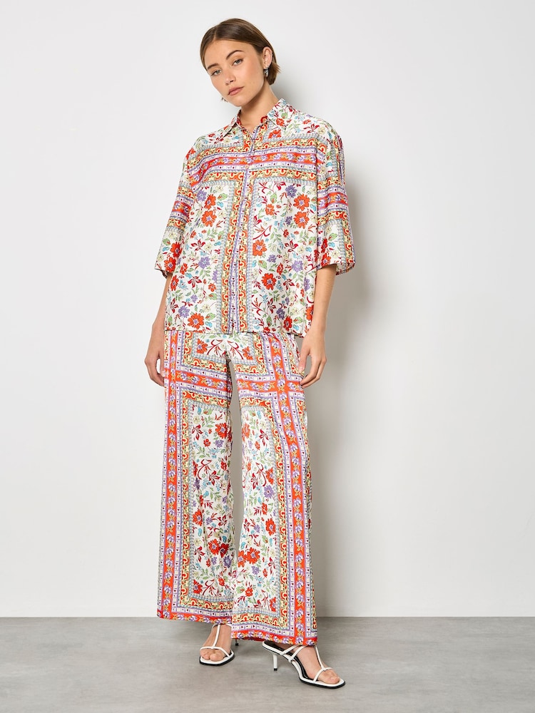 Apricot Orange Floral Scarf Print Satin Shirt - Image 2 of 5