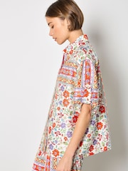 Apricot Orange Floral Scarf Print Satin Shirt - Image 3 of 5
