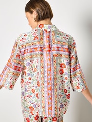 Apricot Orange Floral Scarf Print Satin Shirt - Image 4 of 5