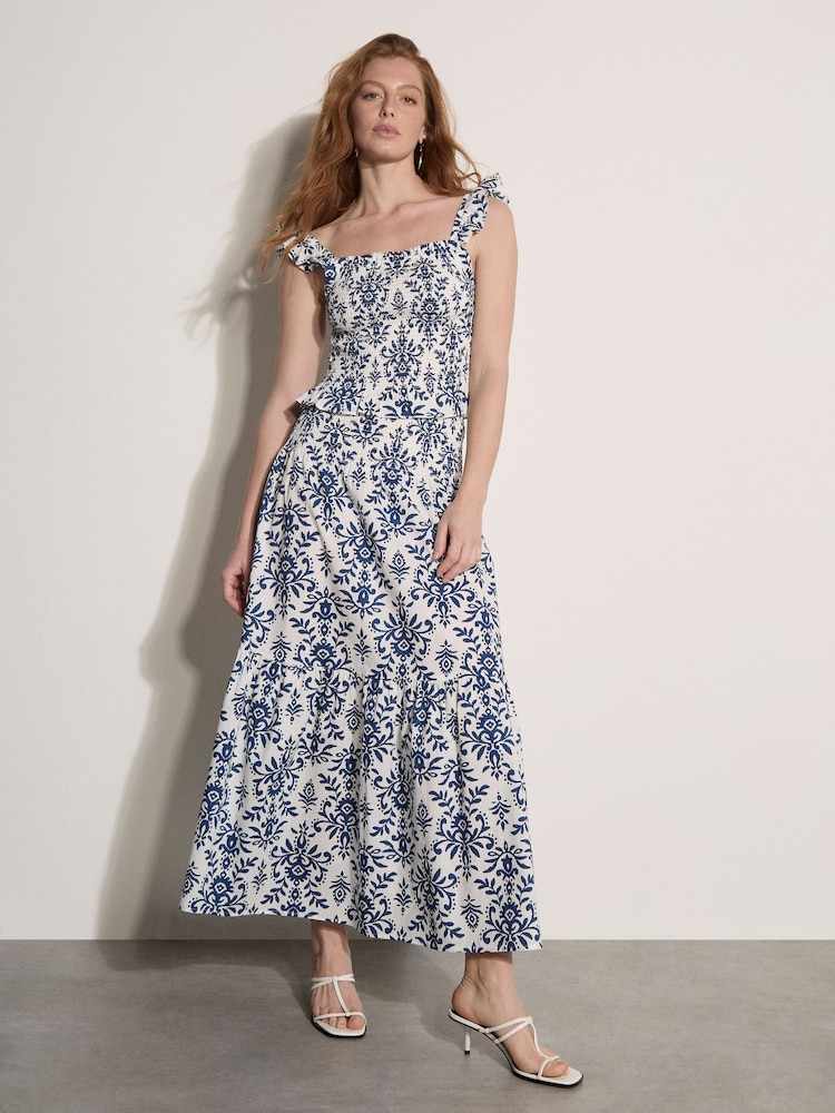 Apricot Cream Folk Ikat Shirred Crop Top - Image 1 of 5