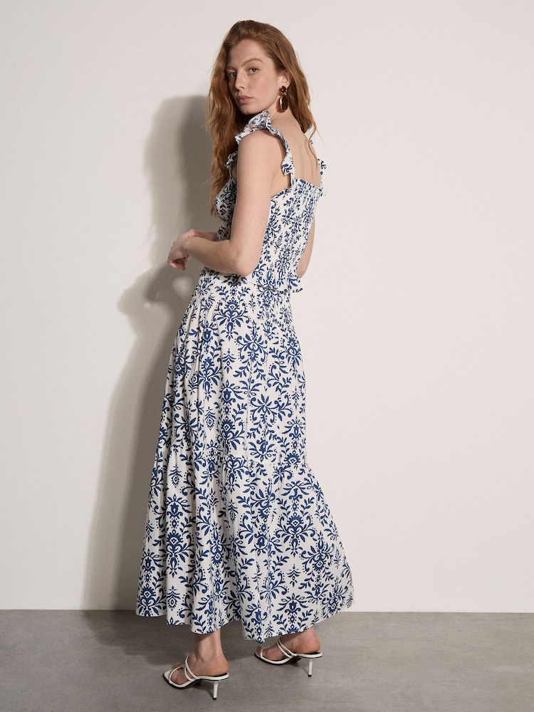 Apricot Cream Folk Ikat Shirred Crop Top - Image 2 of 5