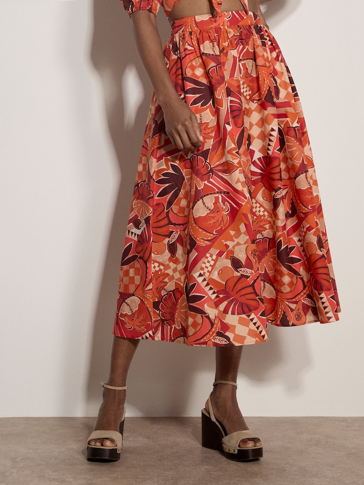 Apricot Red Tropical Leaf Patchwork Midi Skirt - Image 1 of 5 Apricot Red Tropical Leaf Patchwork Midi Skirt - Image 1 of 5