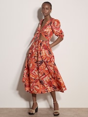 Apricot Red Tropical Leaf Patchwork Midi Skirt - Image 2 of 5