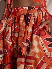 Apricot Red Tropical Leaf Patchwork Midi Skirt - Image 3 of 5