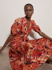 Apricot Red Tropical Leaf Patchwork Midi Skirt - Image 5 of 5