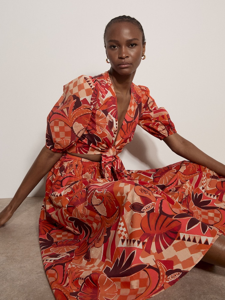 Apricot Red Tropical Leaf Patchwork Midi Skirt - Image 5 of 5 Apricot Red Tropical Leaf Patchwork Midi Skirt - Image 5 of 5