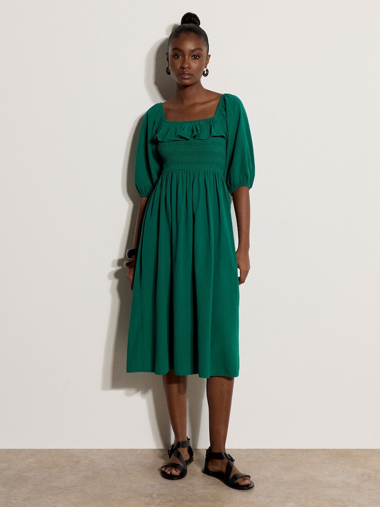 Apricot Green Ruffle Milkmaid Midi Dress - Image 1 of 4
