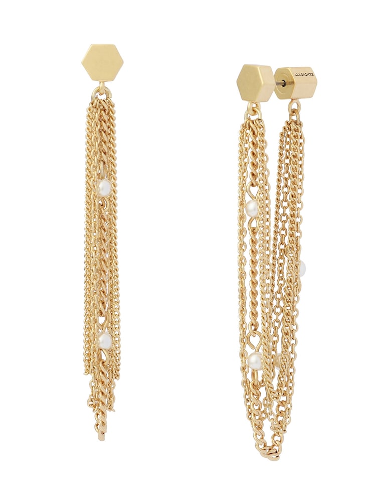 AllSaints Gold Tone Rae Pearl Multi Chain Jacket Earrings - Image 1 of 4 AllSaints Gold Tone Rae Pearl Multi Chain Jacket Earrings - Image 1 of 4