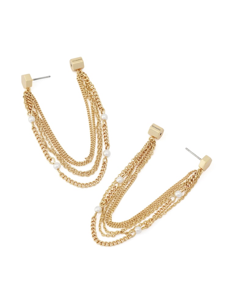 AllSaints Gold Tone Rae Pearl Multi Chain Jacket Earrings - Image 2 of 4 AllSaints Gold Tone Rae Pearl Multi Chain Jacket Earrings - Image 2 of 4