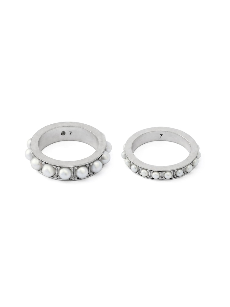 AllSaints Silver Tone Nellie Pearl Band Ring Set - Image 4 of 4