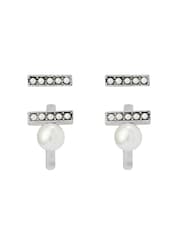 AllSaints Silver Tone Nellie Pearl Bar Huggie Earrings Set - Image 1 of 4