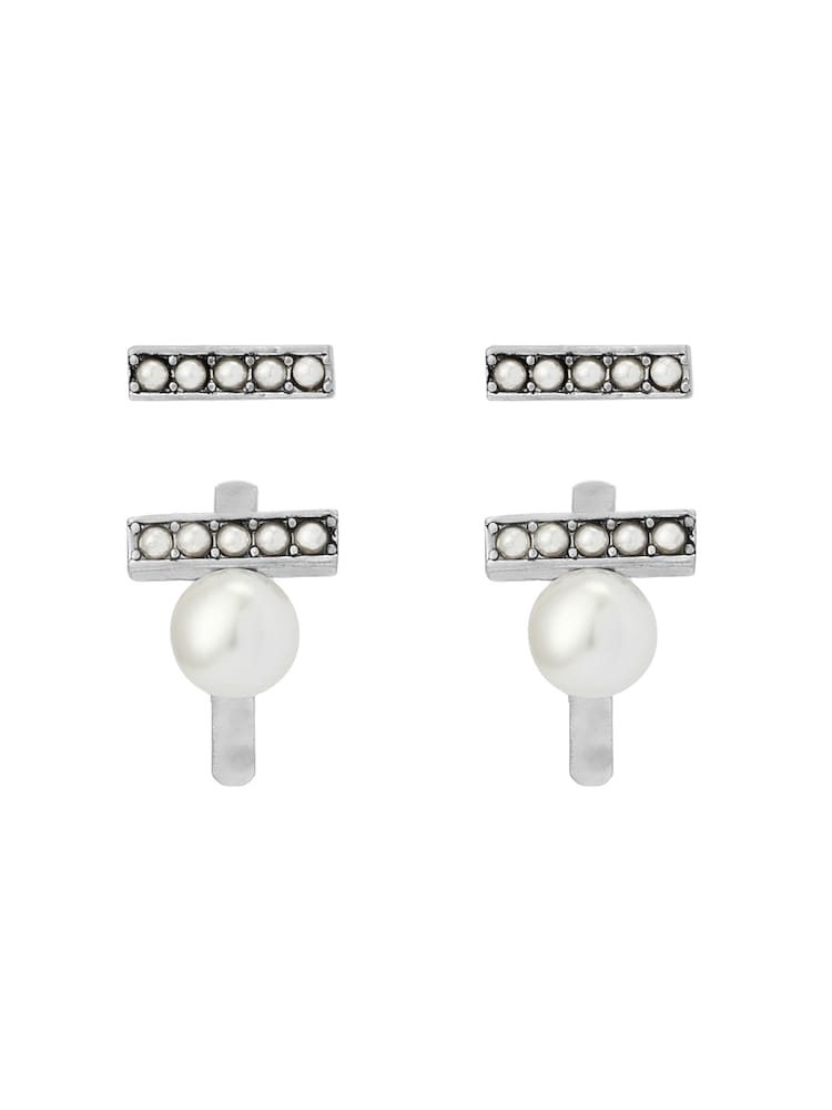 AllSaints Silver Tone Nellie Pearl Bar Huggie Earrings Set - Image 1 of 4