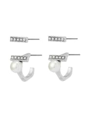 AllSaints Silver Tone Nellie Pearl Bar Huggie Earrings Set - Image 2 of 4