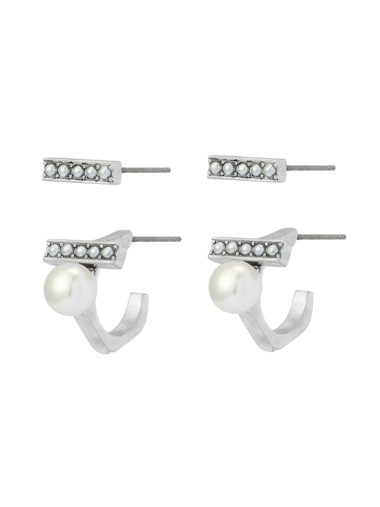 AllSaints Silver Tone Nellie Pearl Bar Huggie Earrings Set - Image 2 of 4