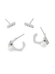 AllSaints Silver Tone Nellie Pearl Bar Huggie Earrings Set - Image 3 of 4