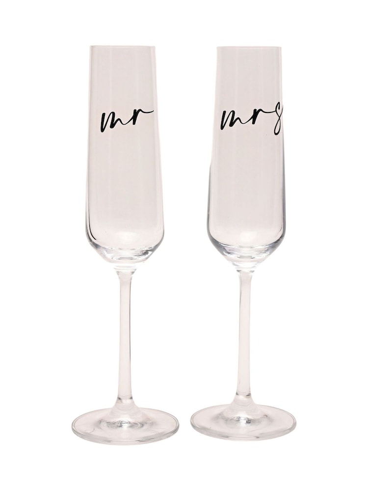 Widdop Set of 2 Clear Champagne Flute Black Words Mr & Mrs Glasses - Image 1 of 6