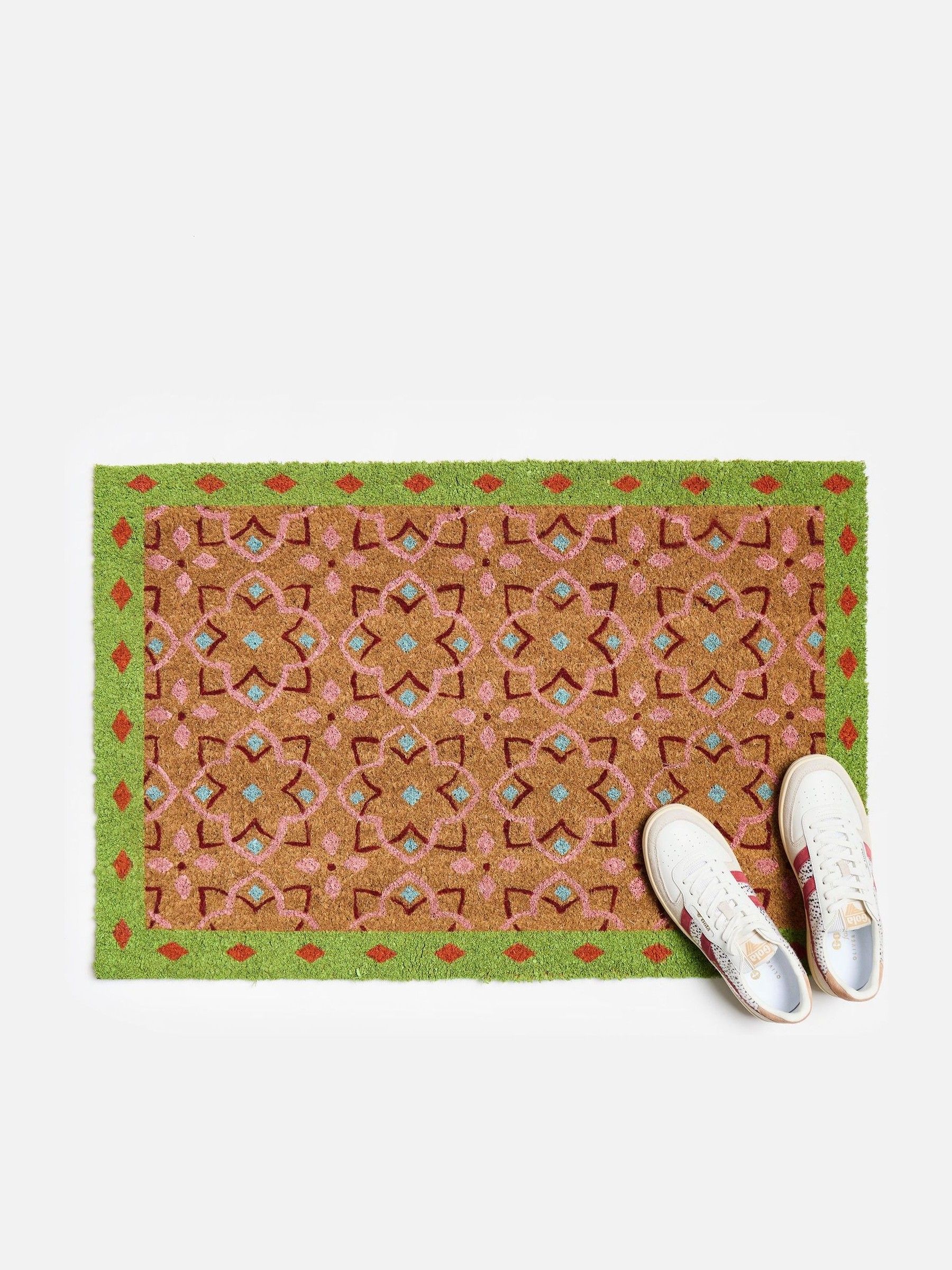 Oliver Bonas Green Tile Bordered Pink Doormat