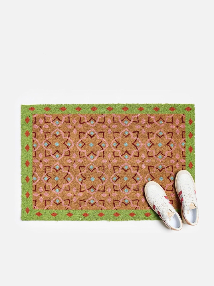 Oliver Bonas Green Tile Bordered Pink Doormat - Image 1 of 4