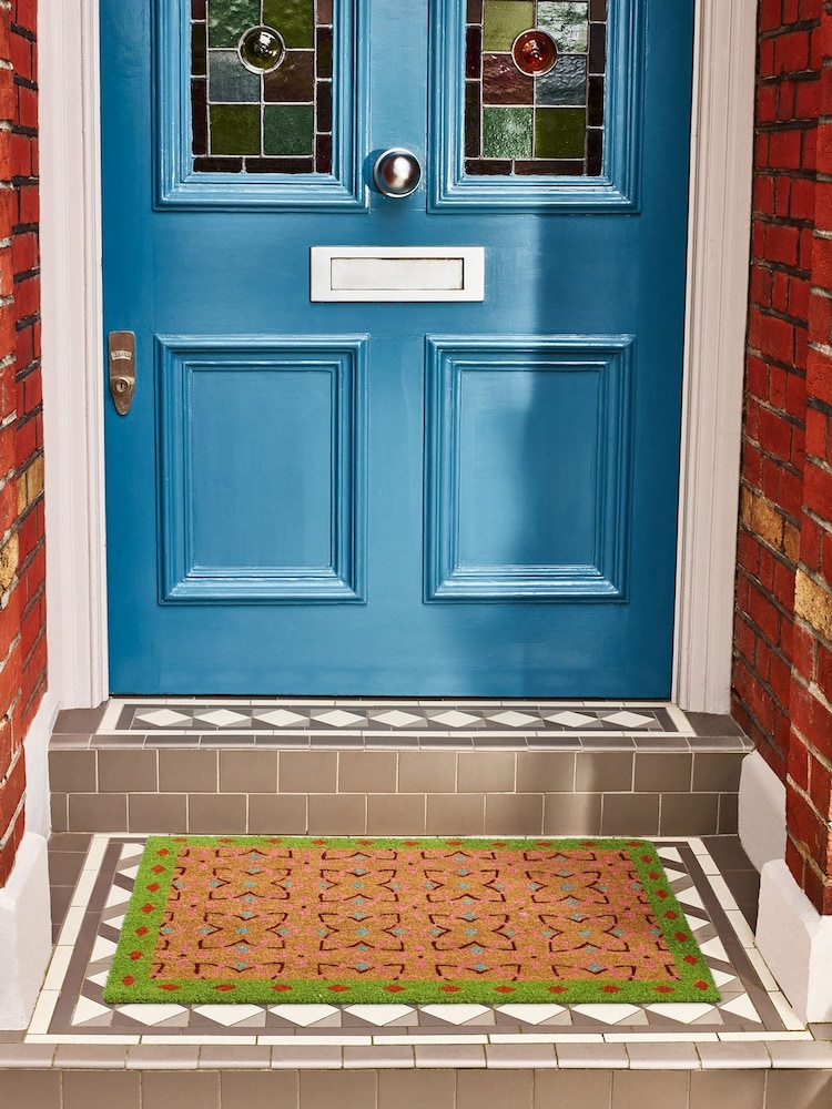 Oliver Bonas Green Tile Bordered Pink Doormat - Image 2 of 4