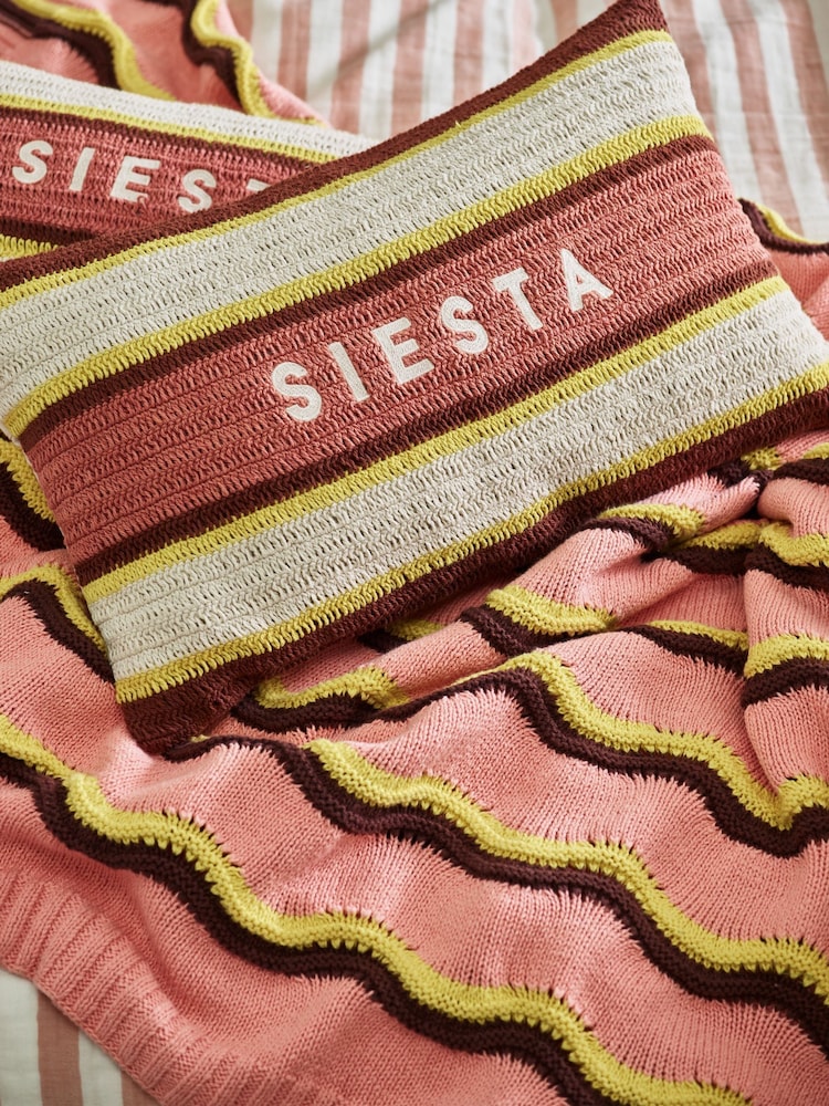 Oliver Bonas Pink Siesta Crochet Striped Cushion Cover 30x50 cm - Image 1 of 6