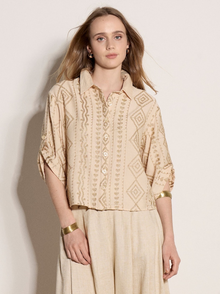 Apricot Natural Geometric Shimmer Embroidered Shirt - Image 1 of 5