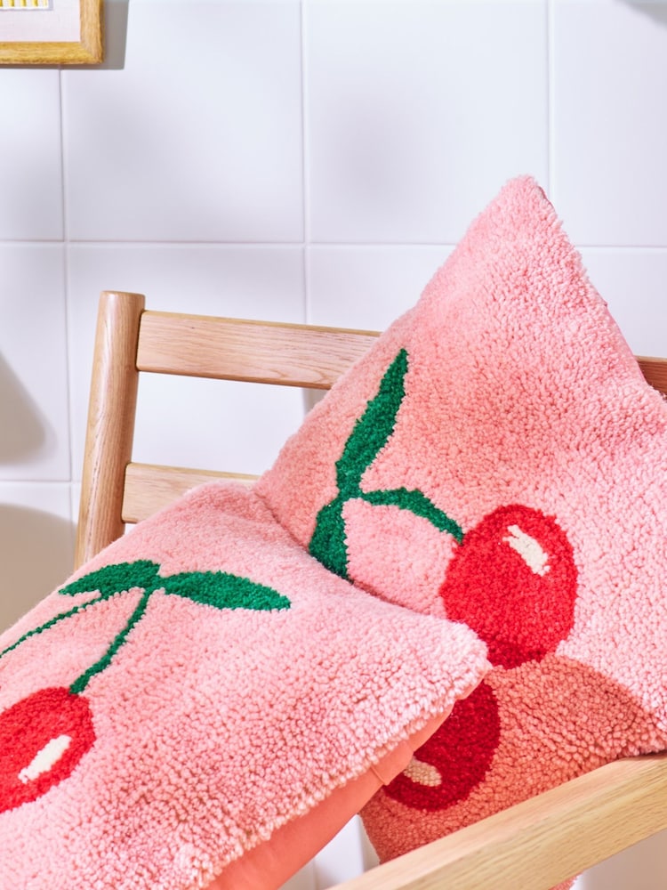 Oliver Bonas Pink Cherries Tufted Cushion Cover 45x45cm - Image 1 of 6